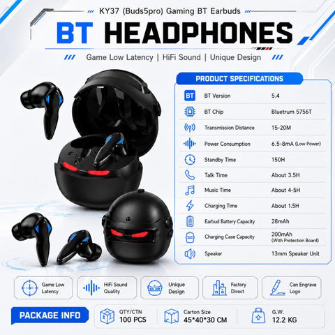KY37 Buds 5Pro Bluetooth 5.4 Wireless Gaming Earbuds