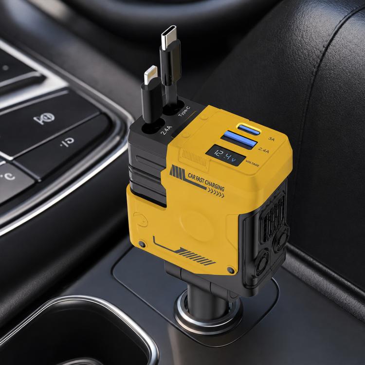 Type-C, USB-A Dual Port Mecha Style Car Charger with Type-C and 8 Pin Retractable Cable