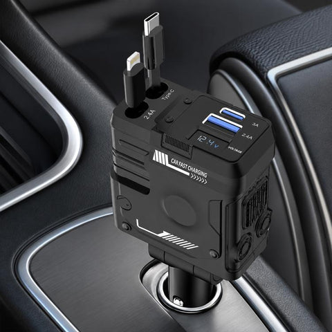 Type-C, USB-A Dual Port Mecha Style Car Charger with Type-C and 8 Pin Retractable Cable