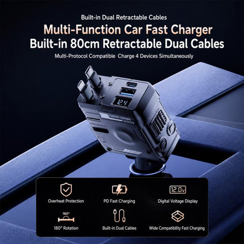 Type-C, USB-A Dual Port Mecha Style Car Charger with Type-C and 8 Pin Retractable Cable