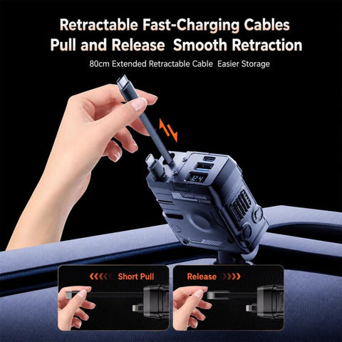 Type-C, USB-A Dual Port Mecha Style Car Charger with Type-C and 8 Pin Retractable Cable