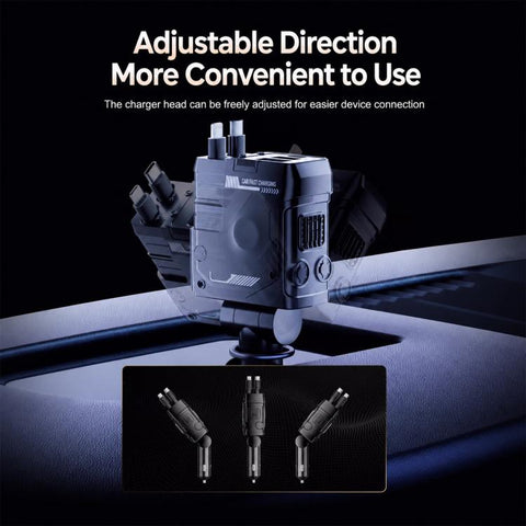 Type-C, USB-A Dual Port Mecha Style Car Charger with Type-C and 8 Pin Retractable Cable