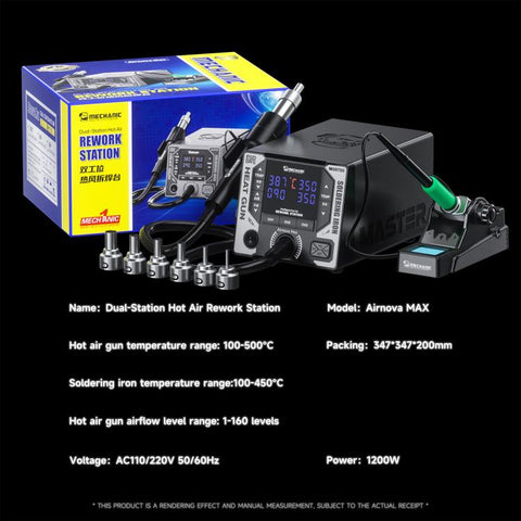 MECHANIC AirNova MAX 1200W Dual-Station Intelligent Control Hot Air Soldering Iron Rework Station, EU Plug, US Plug