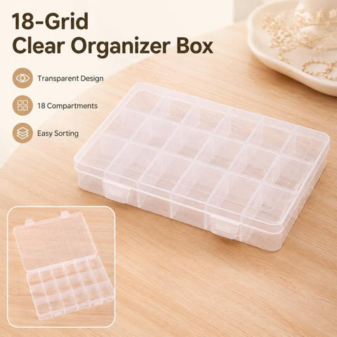 18-Compartment Non-Removable Clear Plastic Organizer Box, 18-Compartment