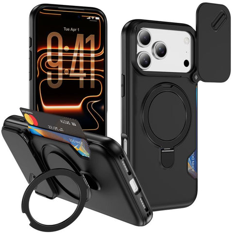 Sliding Camshield Card Slot Magnetic Rotation Holder Phone Case, For iPhone 18 Pro, For iPhone 18 Pro Max, For iPhone 17 Pro Max, For iPhone 17 Pro