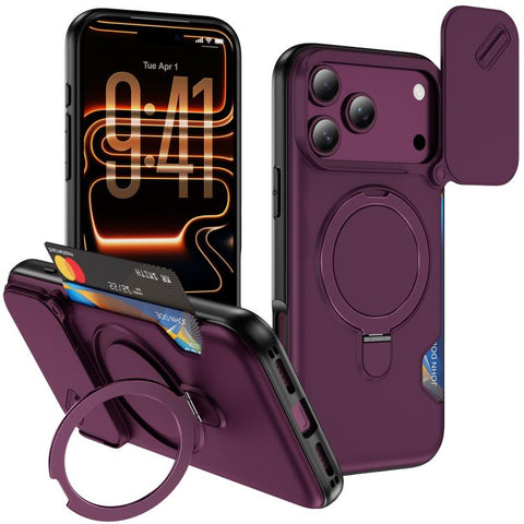 Sliding Camshield Card Slot Magnetic Rotation Holder Phone Case, For iPhone 18 Pro, For iPhone 18 Pro Max, For iPhone 17 Pro Max, For iPhone 17 Pro