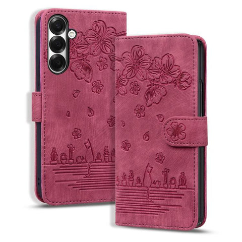 Cartoon Sakura Cat Embossed Leather Phone Case, For Galaxy Z Fold8 5G, For Galaxy Z Fold8 Ultra 5G, For Galaxy Z Fold7 5G