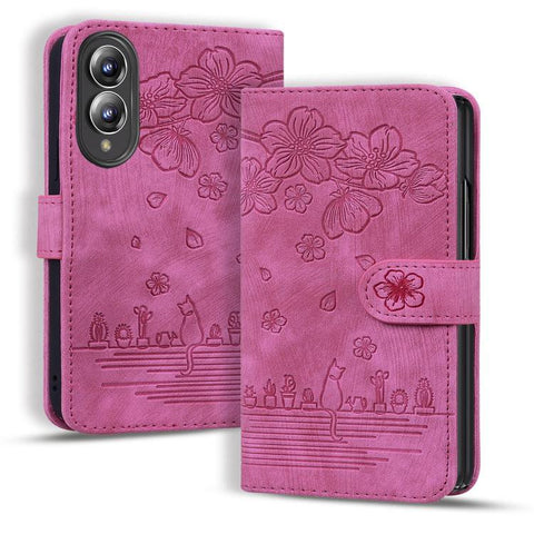 Cartoon Sakura Cat Embossed Leather Phone Case, For Galaxy Z Fold8 5G, For Galaxy Z Fold8 Ultra 5G, For Galaxy Z Fold7 5G