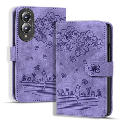 Cartoon Sakura Cat Embossed Leather Phone Case, For Galaxy Z Fold8 5G, For Galaxy Z Fold8 Ultra 5G, For Galaxy Z Fold7 5G