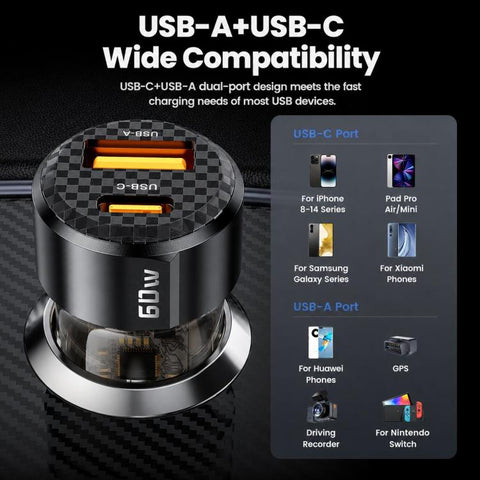 Toocki TC-CC25A 60W USB-A USB-C Dual Ports Car Charger, TC-CC25A