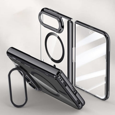 Icebreaking Series Integrated HD Film Electroplated Crystal Clear Center Axis Magnetic Phone Case with Lens Holder, For iPhone Duo