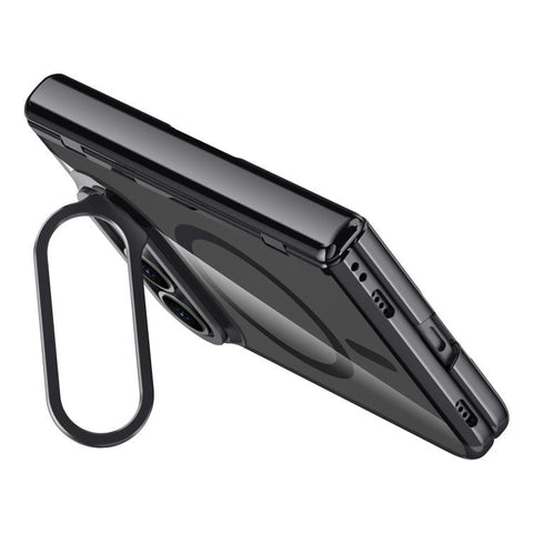 Icebreaking Series Integrated Privacy Film Electroplated Crystal Clear Center Axis Magnetic Phone Case with Lens Holder, For iPhone Duo