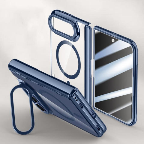Icebreaking Series Integrated Privacy Film Electroplated Crystal Clear Center Axis Magnetic Phone Case with Lens Holder, For iPhone Duo