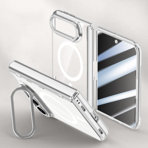 Icebreaking Series Integrated Privacy Film Electroplated Crystal Clear Center Axis Magnetic Phone Case with Lens Holder, For iPhone Duo