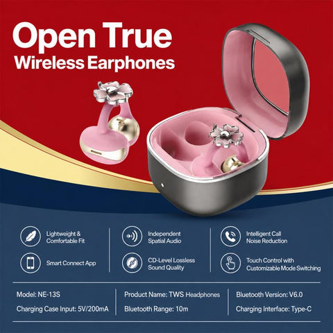 NE13S Mini Noise Reduction Clip-on TWS Wireless Bluetooth Earphone with Decorative Flower