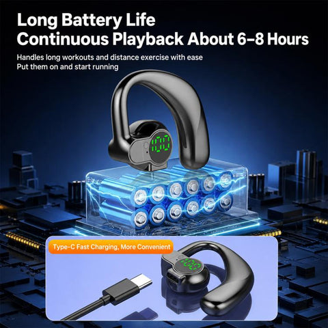 Ear-Hook Design Smart Digital Display Bluetooth Sports Earphones