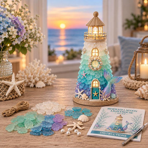DIY Lighted Sea Glass Lighthouse Kit, Sea Glass, Coral Reefs, Rose Latte, Sunflower, Moonstone, Hummingbird, Sunset Beach, Coastal Christmas, Mermaid Lagoon, Halloween Coast, Treasure Cove
