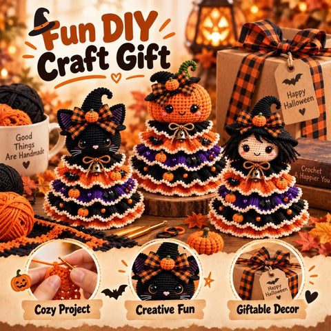 Halloween Crochet Tabletop Decor DIY Kit, Bat, Highland Cow, Black Cat, Fox, Dachshund, Owl, Pumpkin, Witch, Ghost