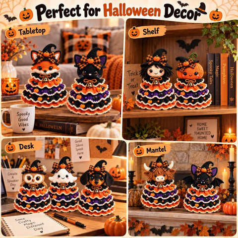 Halloween Crochet Tabletop Decor DIY Kit, Bat, Highland Cow, Black Cat, Fox, Dachshund, Owl, Pumpkin, Witch, Ghost
