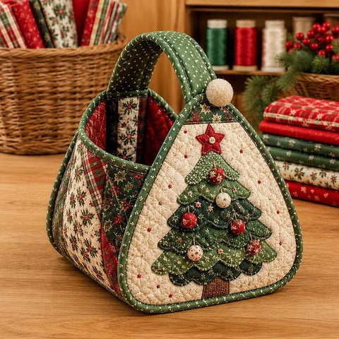 Christmas Character Quilted Carry Basket DIY Hand Basket, Santa Claus, Snowman, Christmas tree, Reindeer