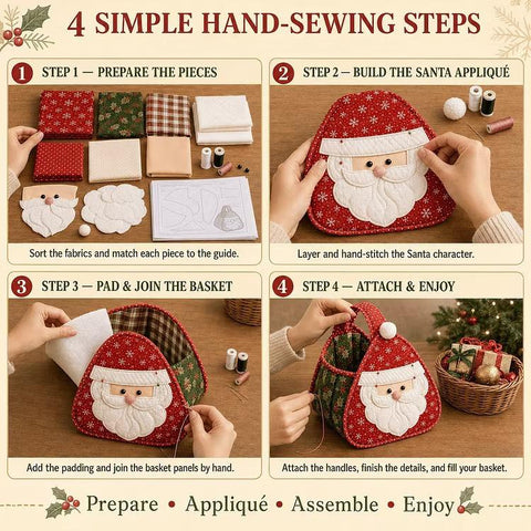 Christmas Character Quilted Carry Basket DIY Hand Basket, Santa Claus, Snowman, Christmas tree, Reindeer