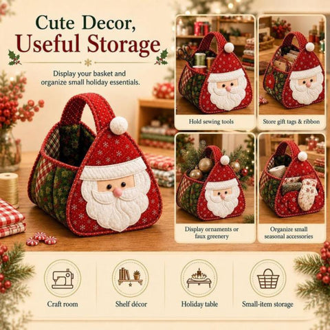 Christmas Character Quilted Carry Basket DIY Hand Basket, Santa Claus, Snowman, Christmas tree, Reindeer