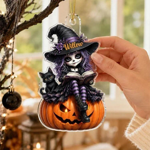 Halloween Little Witch with Black Cat Acrylic Hanging Ornament, 10cm, 20cm, 30cm