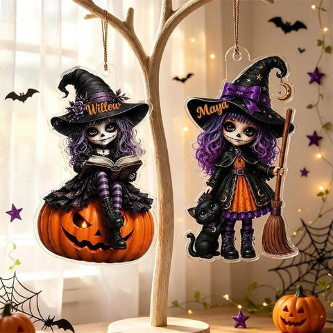 Halloween Little Witch with Black Cat Acrylic Hanging Ornament, 10cm, 20cm, 30cm