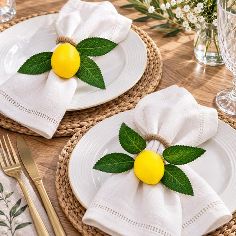 Yellow Lemon Natural Fiber Twine Napkin Buckle Paper Ring, Lemon, Three Leaves Lemon