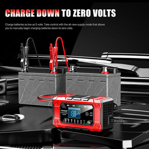FOXSUR 12V/24V 1.5-15A Multifunctional LCD Digital Display Adjustable Current Battery Charger, EU Plug, US Plug, UK Plug, AU Plug