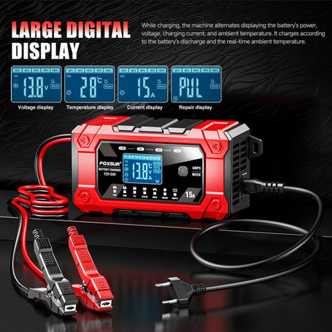 FOXSUR 12V/24V 1.5-15A Multifunctional LCD Digital Display Adjustable Current Battery Charger, EU Plug, US Plug, UK Plug, AU Plug