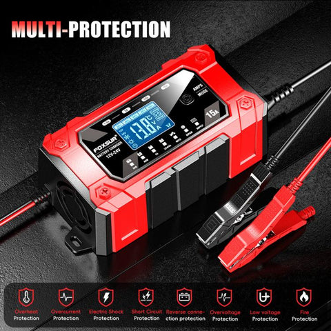FOXSUR 12V/24V 1.5-15A Multifunctional LCD Digital Display Adjustable Current Battery Charger, EU Plug, US Plug, UK Plug, AU Plug