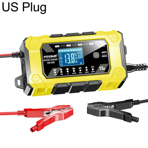 FOXSUR 12V/24V 1.5-15A Multifunctional LCD Digital Display Adjustable Current Battery Charger, EU Plug, US Plug, UK Plug, AU Plug