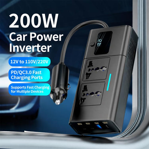 Car Cigarette Lighter to 200W AC Output, USB-A, Type-C Smart Digital Display Car Power Inverter, KDP-200W