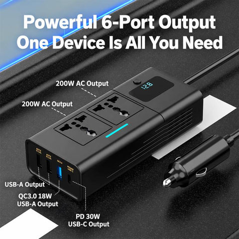 Car Cigarette Lighter to 200W AC Output, USB-A, Type-C Smart Digital Display Car Power Inverter, KDP-200W