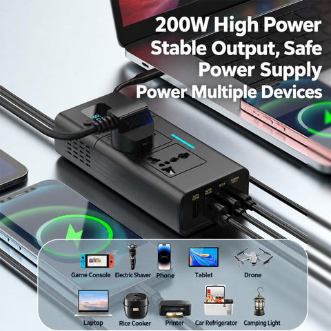 Car Cigarette Lighter to 200W AC Output, USB-A, Type-C Smart Digital Display Car Power Inverter, KDP-200W