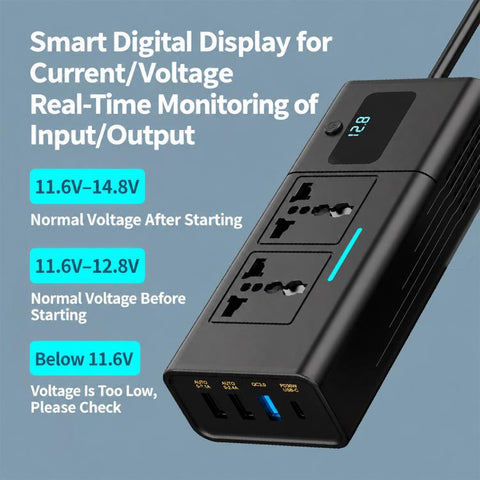 Car Cigarette Lighter to 200W AC Output, USB-A, Type-C Smart Digital Display Car Power Inverter, KDP-200W