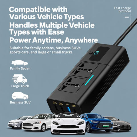 Car Cigarette Lighter to 200W AC Output, USB-A, Type-C Smart Digital Display Car Power Inverter, KDP-200W