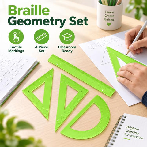 4 PCS/Set Braille Ruler Kit, Ruler Triangle Ruler and Protractor, Accessible Measuring Tool