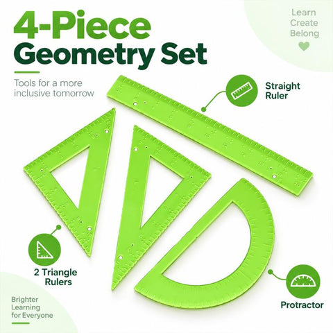 4 PCS/Set Braille Ruler Kit, Ruler Triangle Ruler and Protractor, Accessible Measuring Tool