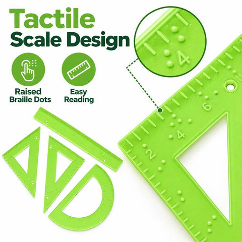 4 PCS/Set Braille Ruler Kit, Ruler Triangle Ruler and Protractor, Accessible Measuring Tool