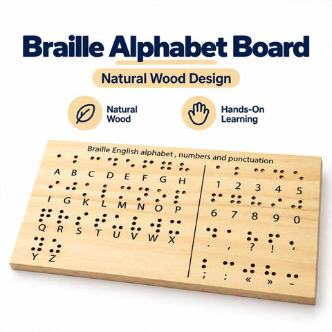 Wooden Braille English Alphabet Numbers and Punctuation Practice Board, Tactile Learning Tool