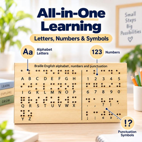 Wooden Braille English Alphabet Numbers and Punctuation Practice Board, Tactile Learning Tool