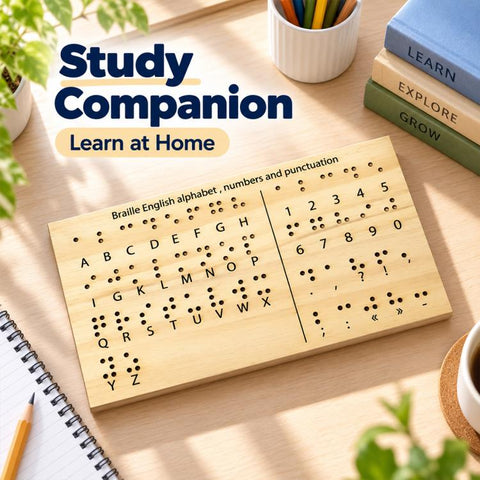 Wooden Braille English Alphabet Numbers and Punctuation Practice Board, Tactile Learning Tool