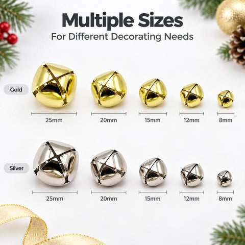100 PCS/Pack Electroplated Hollow Cross Bells Christmas Tree Ornaments, 8mm, 10mm, 12mm, 13mm, 15mm, 18mm, 20mm, 25mm, 27mm, 30mm, 35mm, 38mm, 50mm