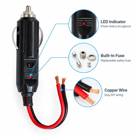 12V-24V Car Cigarette Lighter Extension Cable, Black Silver