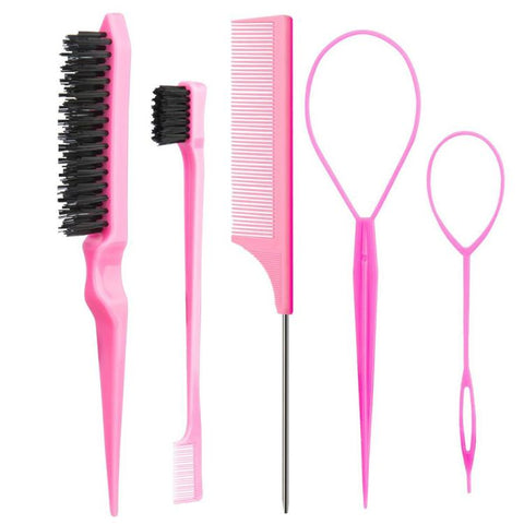 5 PCS/Set Hair Styling Kit Steel Pin Tail Comb & Eyebrow Brush & Hair Loop Tool, Hook Tip, Flat Tip