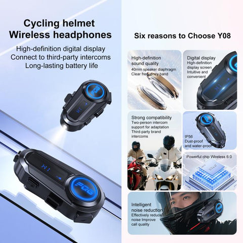 Y8 Intercom Helmet BT Headset For 2-person, 2-in-1 Mic, Soft Mic, Hard Mic