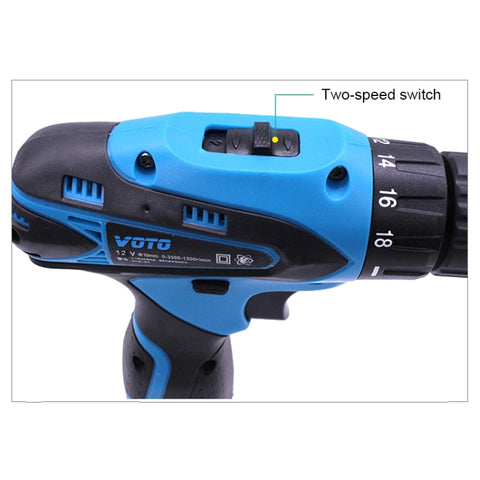 VOTO 12V Stepless Speed Regulation Rechargeable Hand Drill Set Electric Drill Power Tools with LED Light, AC 220V, US Plug, Random Color Delivery, 12V Dual Speed