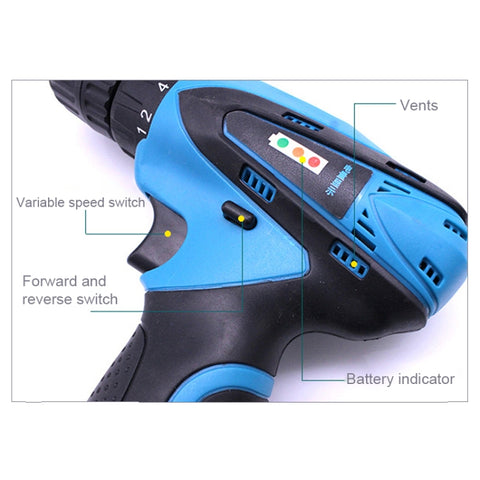 VOTO 12V Stepless Speed Regulation Rechargeable Hand Drill Set Electric Drill Power Tools with LED Light, AC 220V, US Plug, Random Color Delivery, 12V Dual Speed